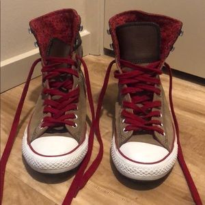 High top converse with leather & red laces